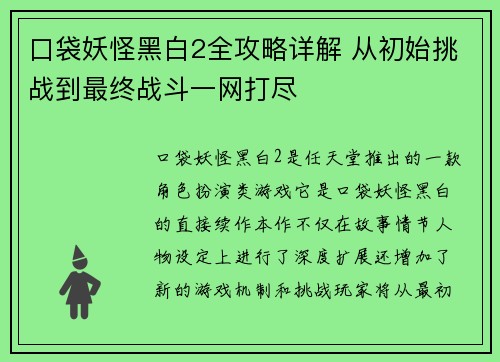 口袋妖怪黑白2全攻略详解 从初始挑战到最终战斗一网打尽