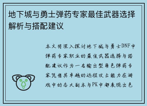 地下城与勇士弹药专家最佳武器选择解析与搭配建议